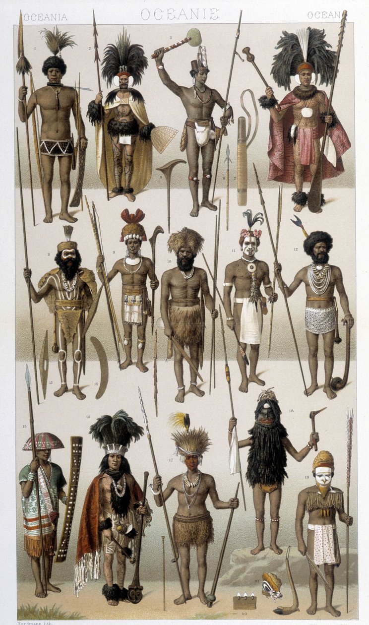 Fantasias tradicionais dos povos indígenas da Oceania. Ilustração em "Le costume historique" de Racinet de Albert Charles August Racinet