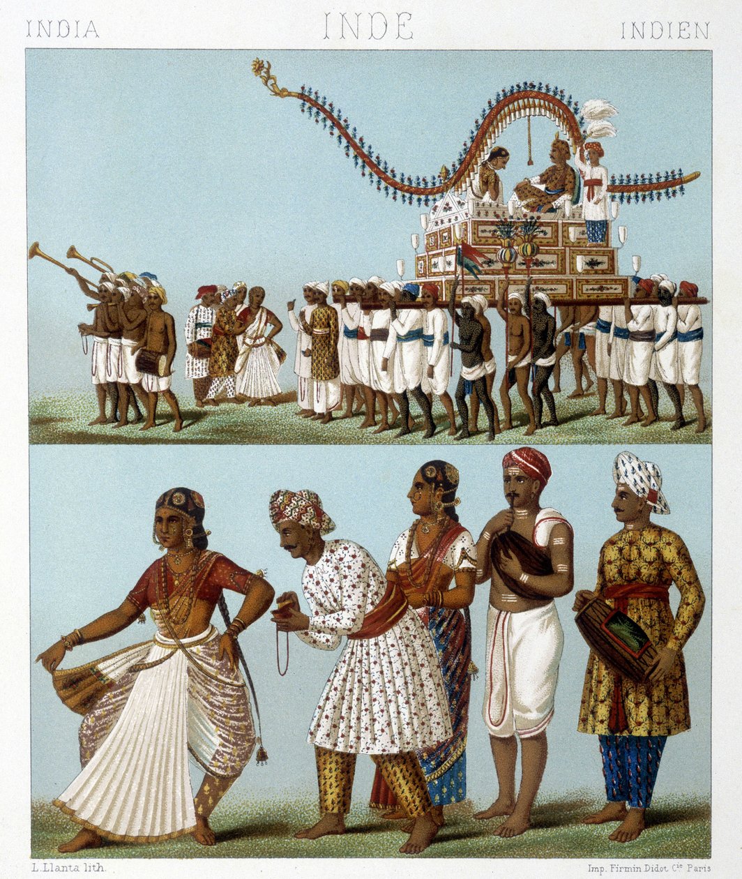 Transporte, música, dança e trajes tradicionais da Índia. Ilustração em "Le costume historique" de Racinet de Albert Charles August Racinet