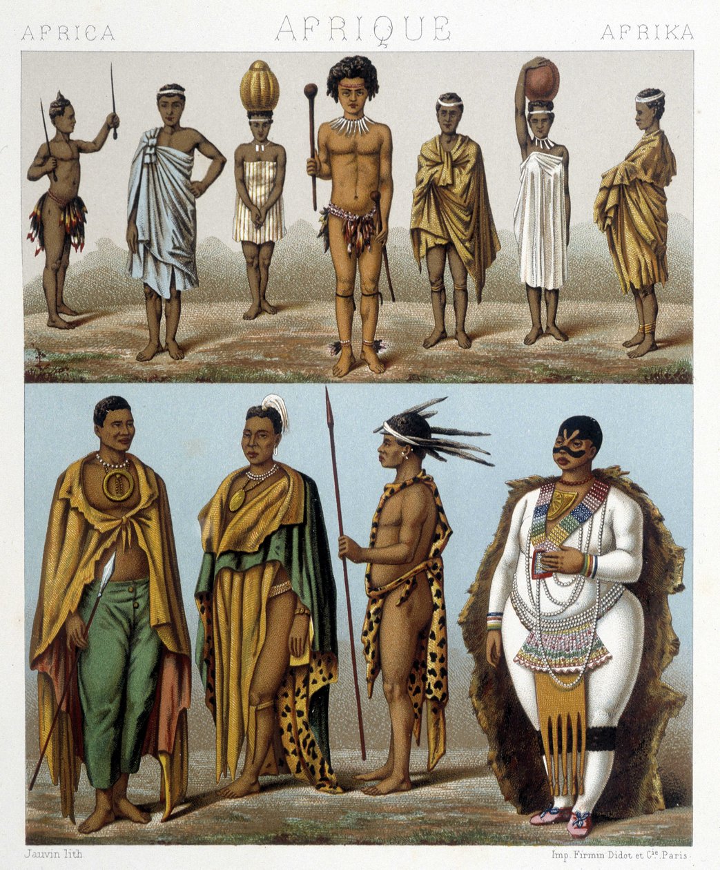 Vários homens da África Austral. Ilustração em "Le costume historique" de Racinet de Albert Charles August Racinet