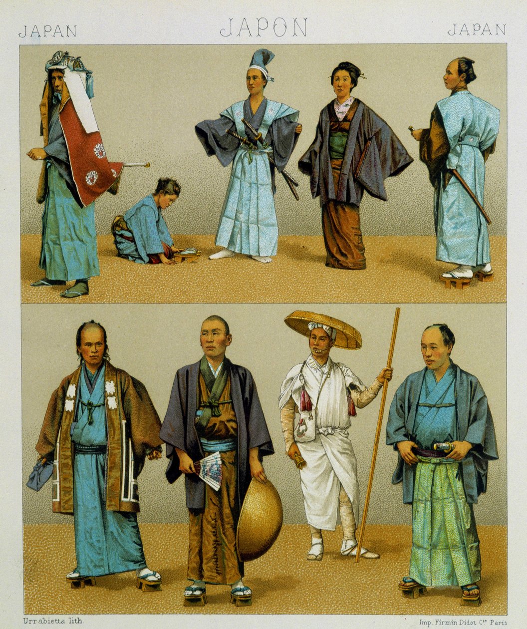 Vários trajes tradicionais japoneses para homens, incluindo quimono. Placa cromolitográfica - em "Le costume historique" de Racinet de Albert Charles August Racinet