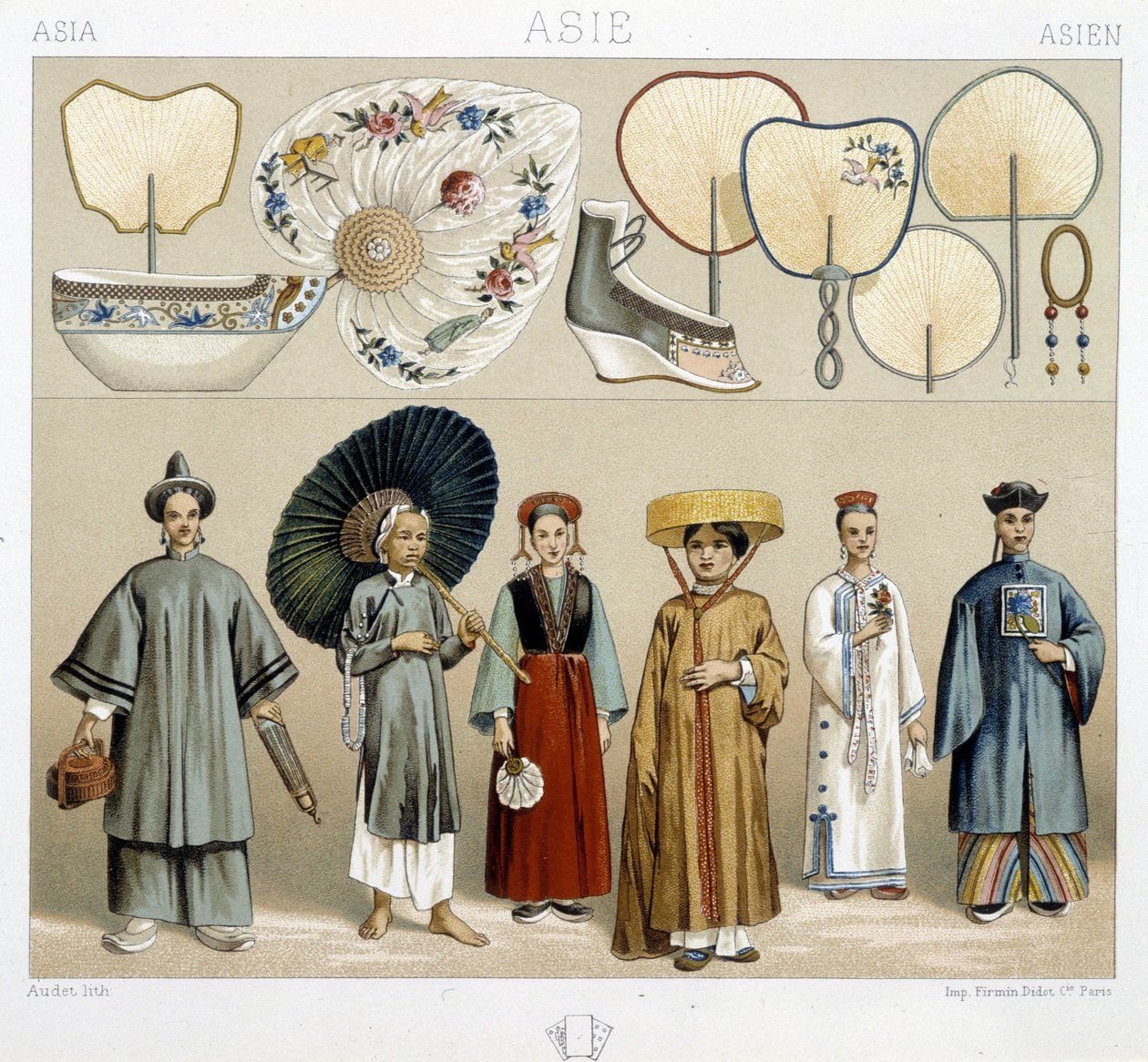 Vários fatos de mulher na China: fãs, sapatos... - em "O traje histórico" de Racinet de Albert Charles August Racinet