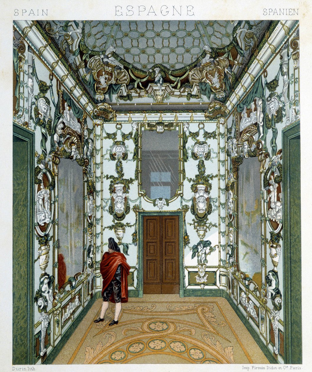 Vista de um homem dentro do Palácio Real de Madrid. Placa cromolitográfica - em "Le costume historique" de Racinet de Albert Charles August Racinet