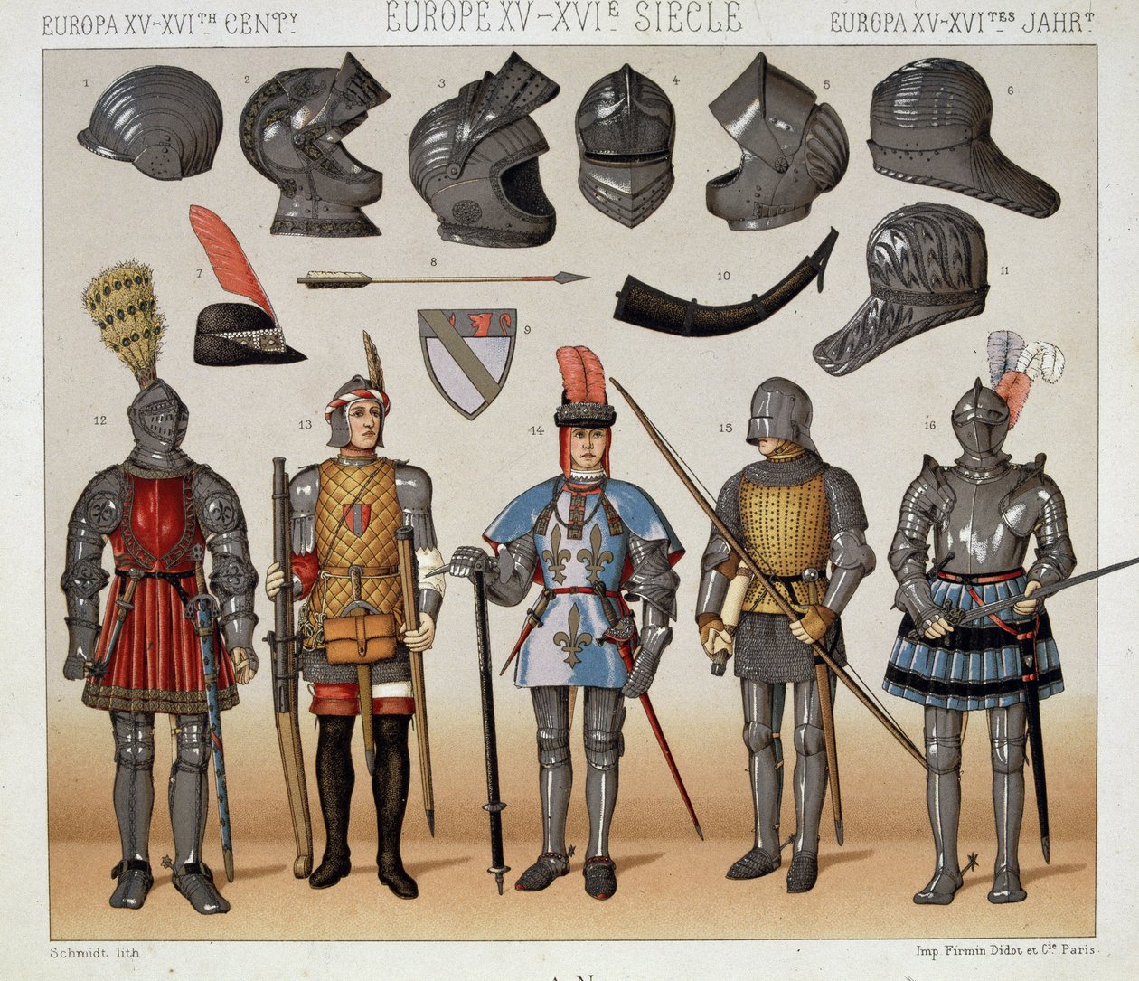 Guerreiros no século XV-17 - em "Le costume historique" de Racinet de Albert Charles August Racinet