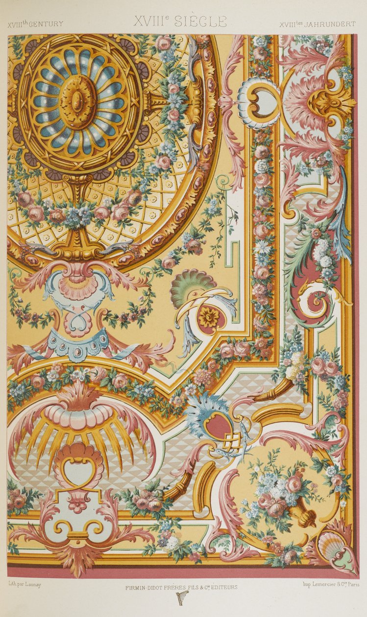 Século XVIII, placa 87 de "Ornamento Policromático": Cem Placas em Ouro, Prata e Cores". de Albert Charles August Racinet