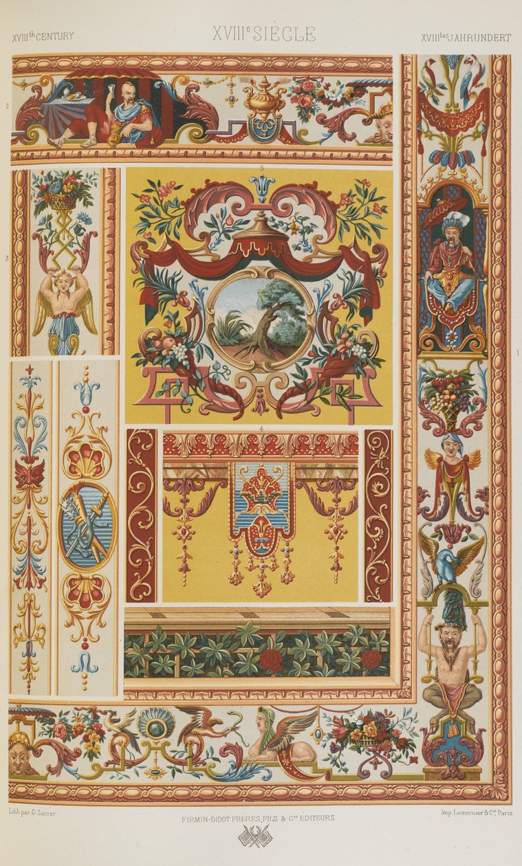 Século XVIII, placa 89 de "Ornamento Policromático": Cem Placas em Ouro, Prata e Cores". de Albert Charles August Racinet