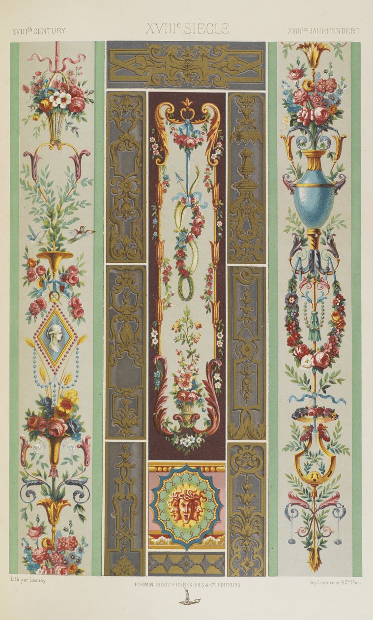 Século XVIII, placa 97 de "Ornamento Policromático": Cem Placas em Ouro, Prata e Cores". de Albert Charles August Racinet