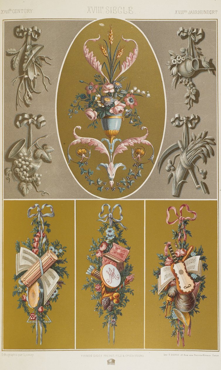 Século XVIII, placa 99 de "Ornamento Policromático": Cem Placas em Ouro, Prata e Cores". de Albert Charles August Racinet