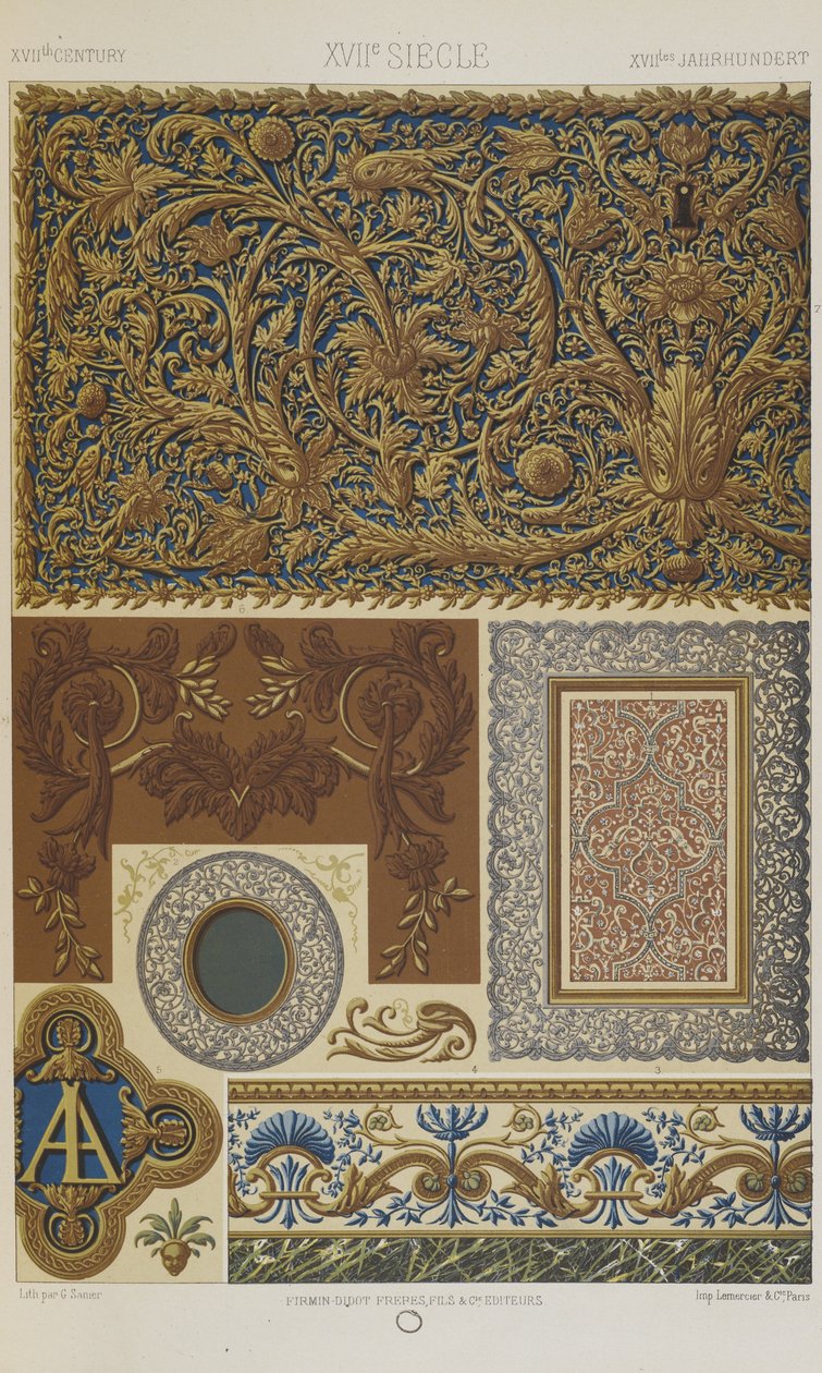 Século XVII, placa 74 de "Ornamento Policromático": Cem Placas em Ouro, Prata e Cores". de Albert Charles August Racinet