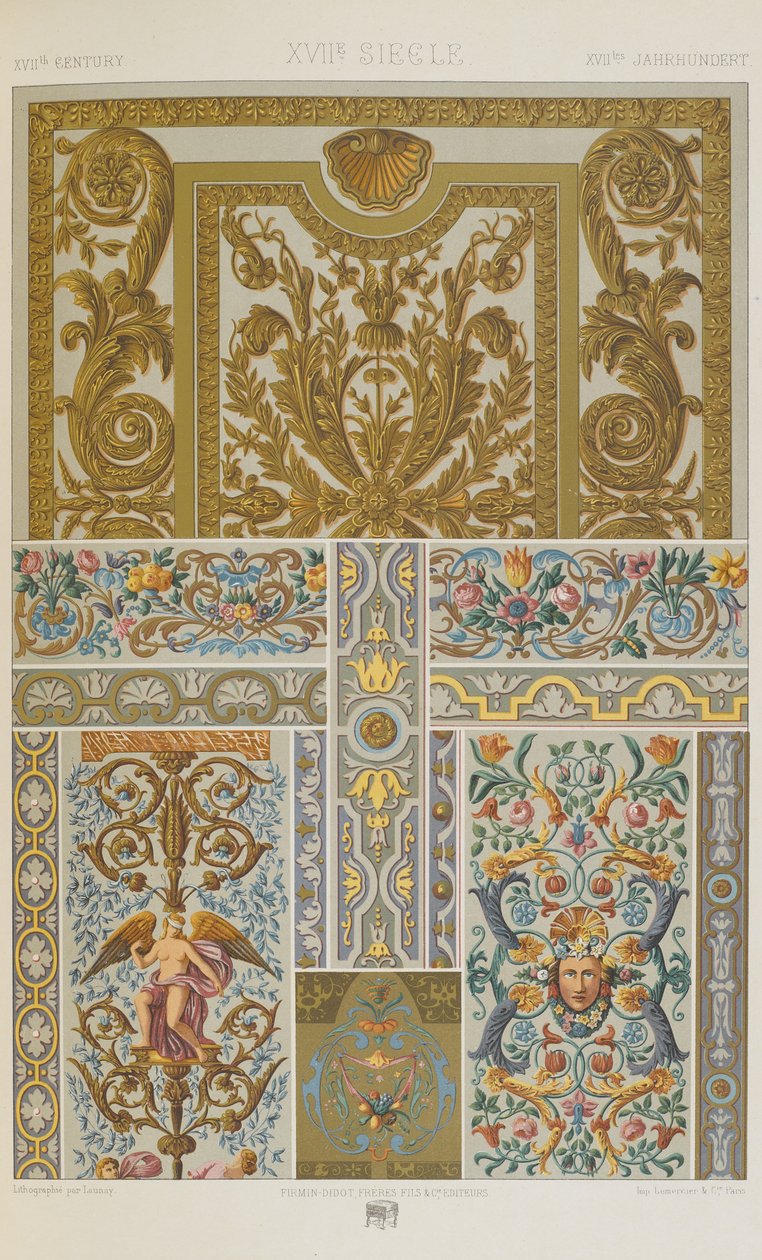 Século XVII, placa 76 de "Ornamento Policromático": Cem Placas em Ouro, Prata e Cores". de Albert Charles August Racinet