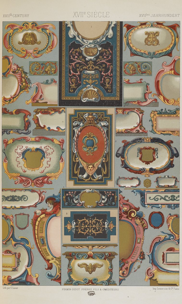 Século XVII, placa 77 de "Ornamento Policromático": Cem Placas em Ouro, Prata e Cores". de Albert Charles August Racinet