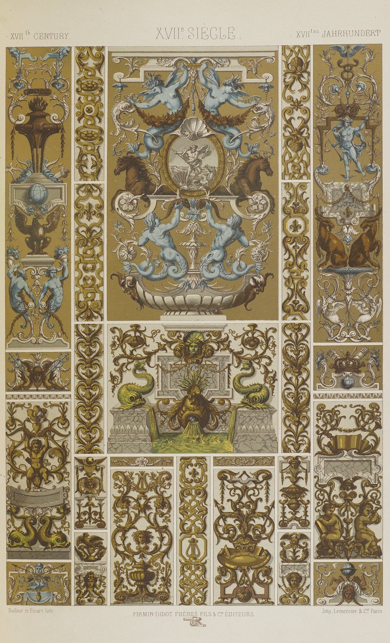 Século XVII, placa 79 de "Ornamento Policromático": Cem Placas em Ouro, Prata e Cores". de Albert Charles August Racinet