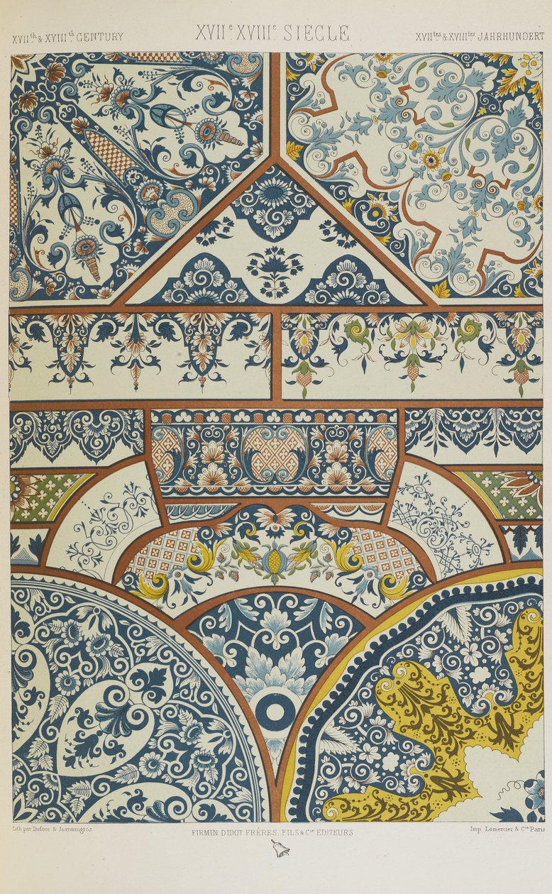 Séculos XVII e XVIII, placa 82 de "Ornamento Policromático": Cem Placas em Ouro, Prata e Cores". de Albert Charles August Racinet