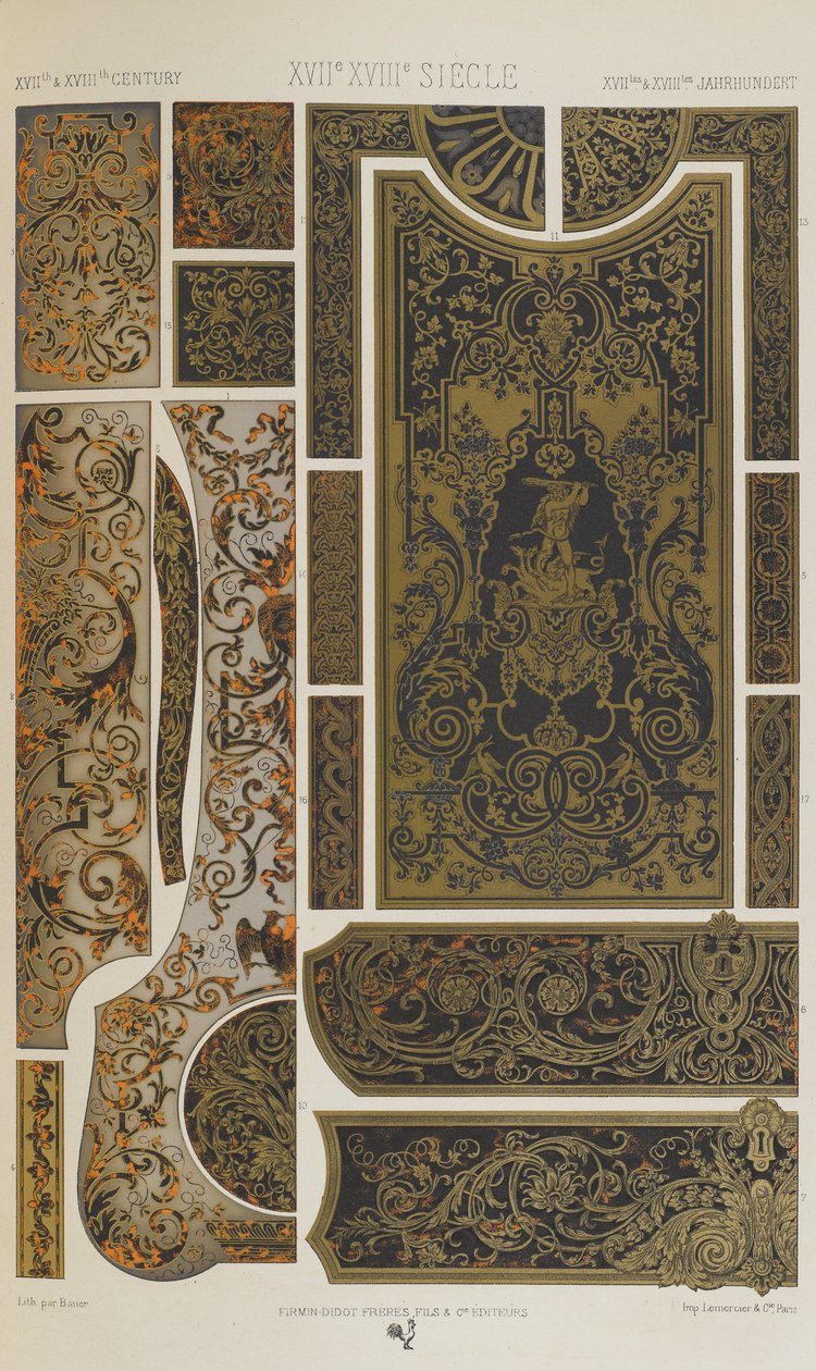 Séculos XVII e XVIII, placa 84 de "Ornamento Policromático": Cem Placas em Ouro, Prata e Cores". de Albert Charles August Racinet