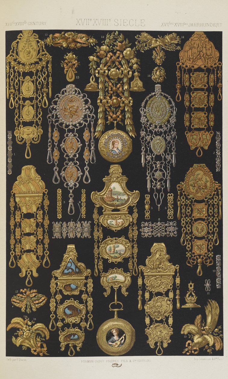 Séculos XVII e XVIII, placa 94 de "Ornamento Policromático": Cem Placas em Ouro, Prata e Cores". de Albert Charles August Racinet