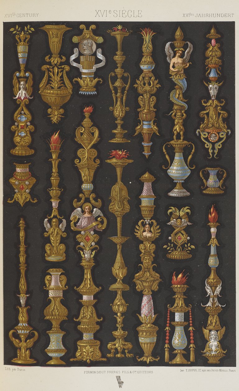 Século XVI, placa 64 de "Ornamento Policromático": Cem Placas em Ouro, Prata e Cores". de Albert Charles August Racinet