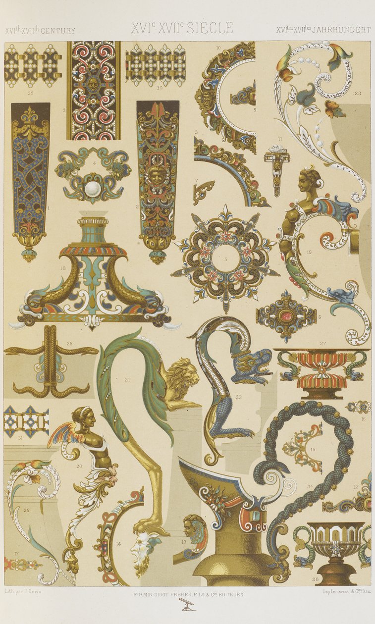 Séculos XVI e XVII, placa 62 de "Ornamento Policromático": Cem Placas em Ouro, Prata e Cores". de Albert Charles August Racinet