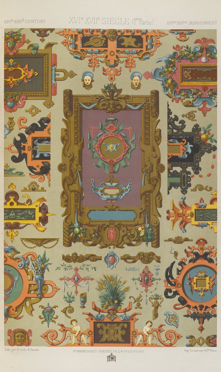Séculos XVI e XVII, placa 72 de "Ornamento Policromático": Cem Placas em Ouro, Prata e Cores". de Albert Charles August Racinet