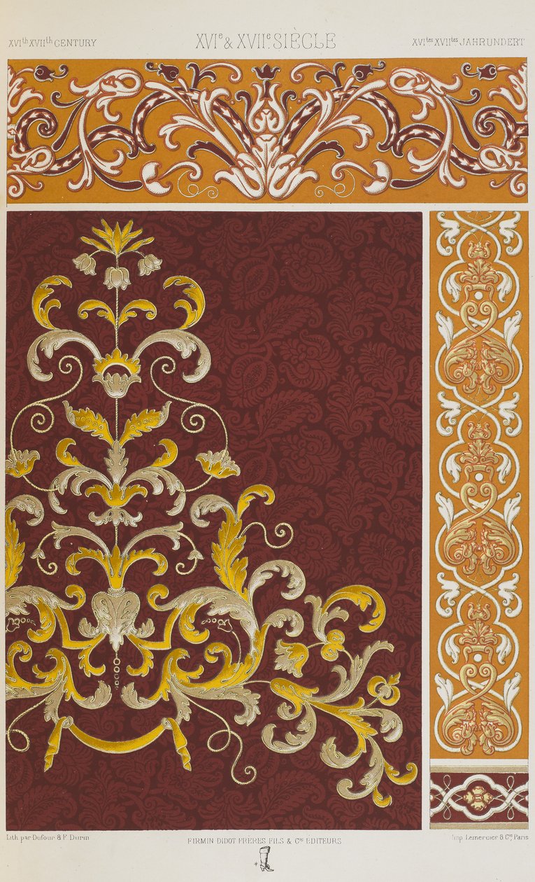 Séculos XVI e XVII, placa 73 de "Ornamento Policromático": Cem Placas em Ouro, Prata e Cores". de Albert Charles August Racinet
