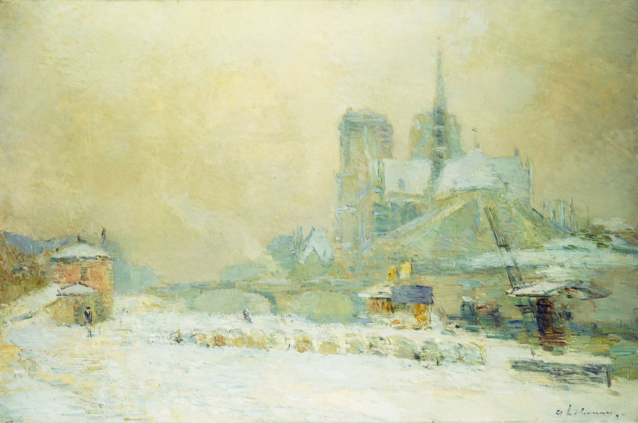Vista de Notre Dame, Paris, a partir do Quai de la Tournelle: Efeito de neve; Notre Dame de Paris, Vista para o Quai de la Tournelle, Efeito neve, de Albert Charles Lebourg