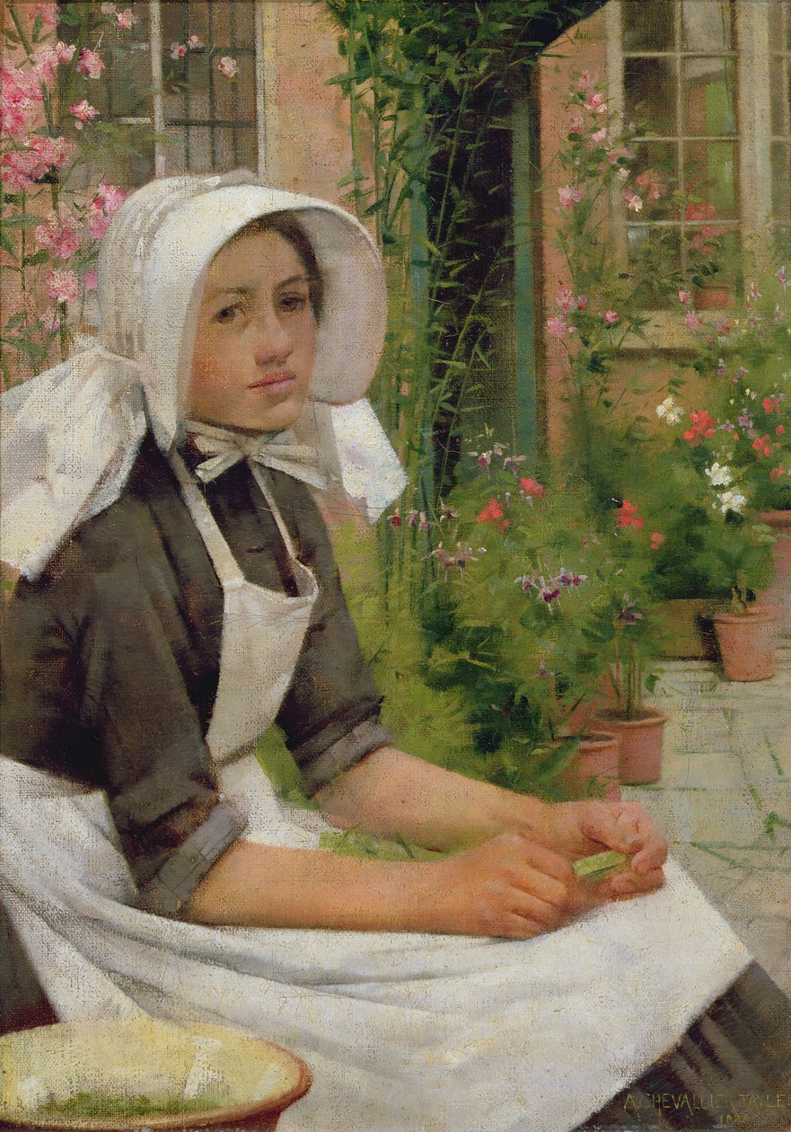 Menina, descascar, ervilhas de Albert Chevallier Tayler