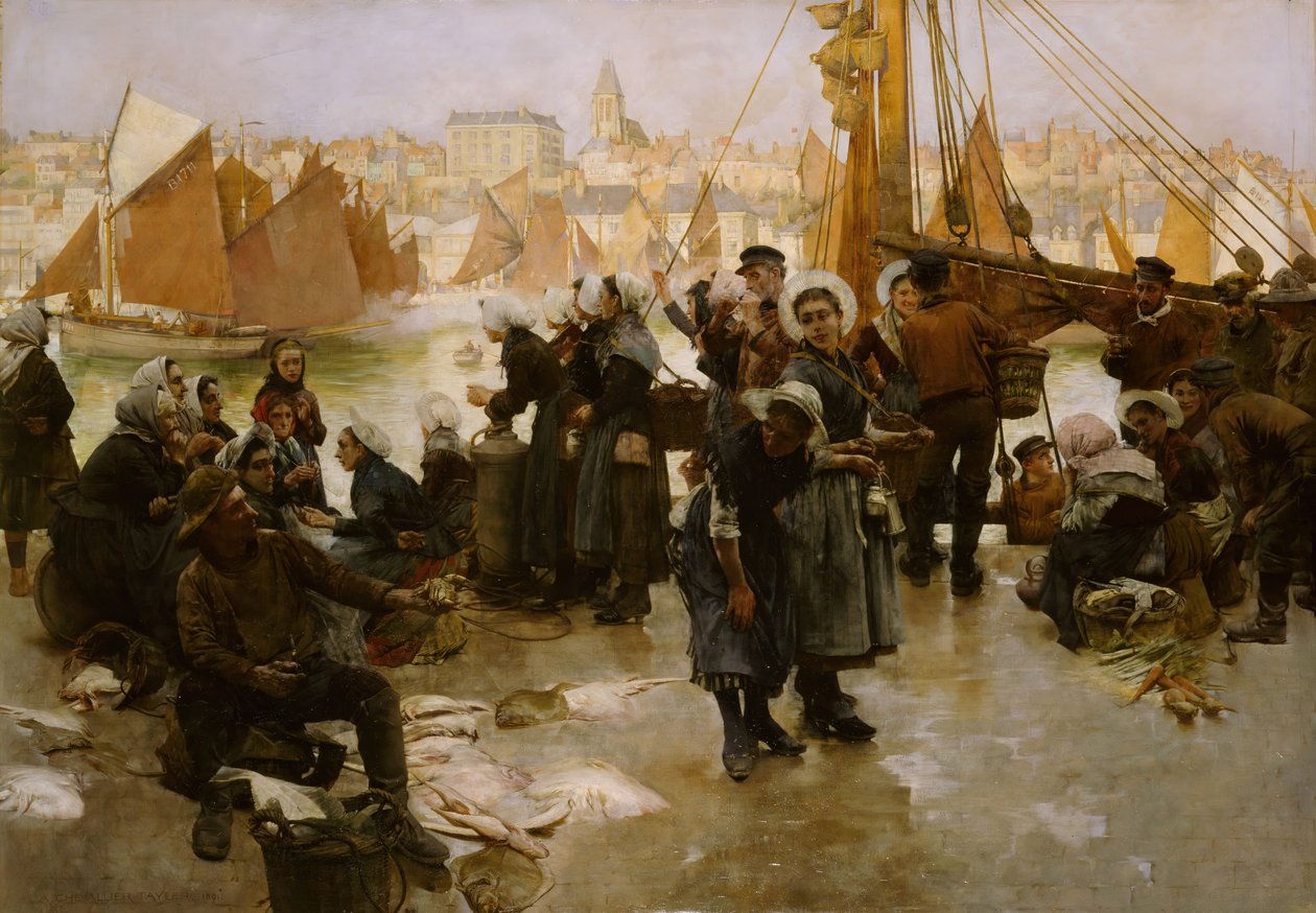 A partida da frota pesqueira, Boulogne, 1891. de Albert Chevallier Tayler