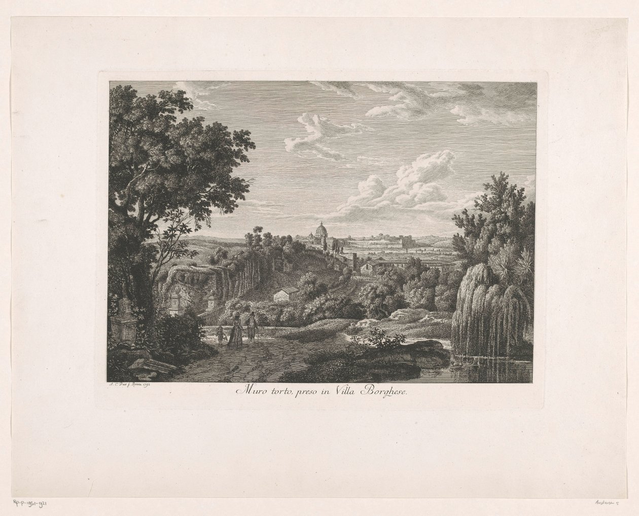 Muro coberto de vegetação na Villa Borghese Muro torto, preso em Villa Borghese (título no objeto) Malay Radirte Prospekte aus Italien (título da série) de Albert Christoph Dies