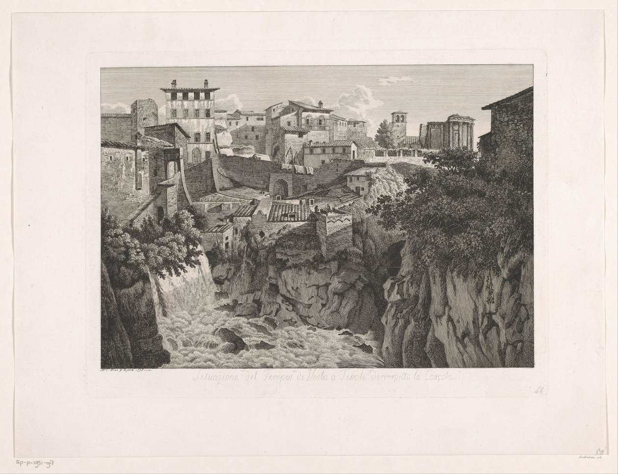 Vista de Tivoli, com o Templo de Vesta ao longe Situazione del Tempio di Vesta a Tivoli dirimpetto la Cascata (título no objeto) Malay Radirte Prospekte aus Italien (título da série) de Albert Christoph Dies
