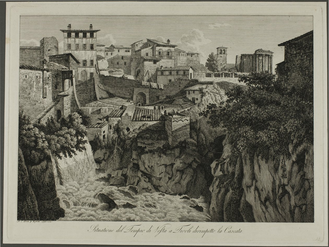 Cena do Templo de Vesta em Tivoli, de frente para as cascatas de Albert Christoph Dies