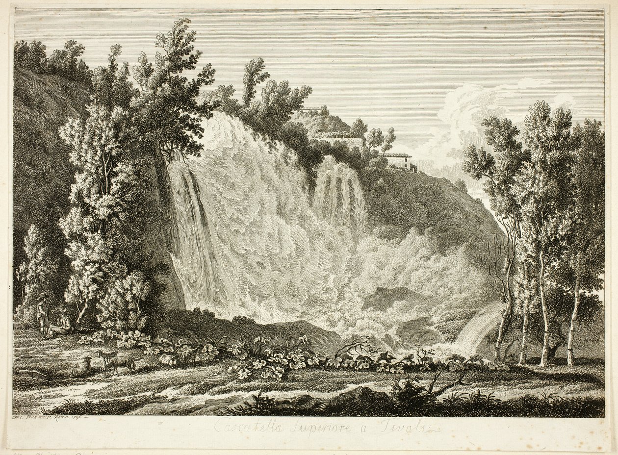 Cachoeira acima de Tivoli, de perspectivas pitorescas gravadas da Itália de Albert Christoph Dies