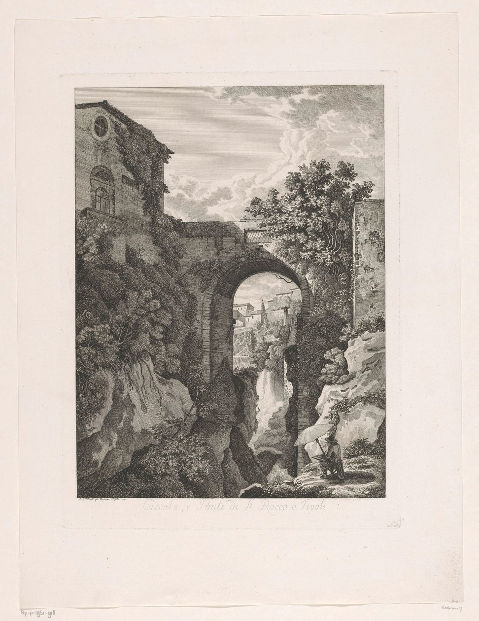 Cachoeira perto da ponte de San Rocco em Tivoli Cascata, e Ponte di St. Rocco a Tivoli (título no objeto) Brochuras gravadas pitorescas da Itália (título da série) de Albert Christoph Dies