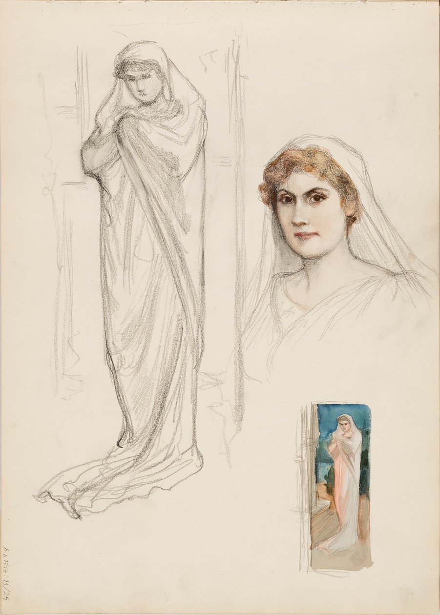 Aino Ackté como Alcestis, esboço do rosto e dois esboços de corpo inteiro de Albert Edelfelt