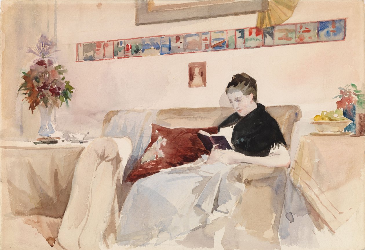 A esposa do artista a ler no sofá de Albert Edelfelt