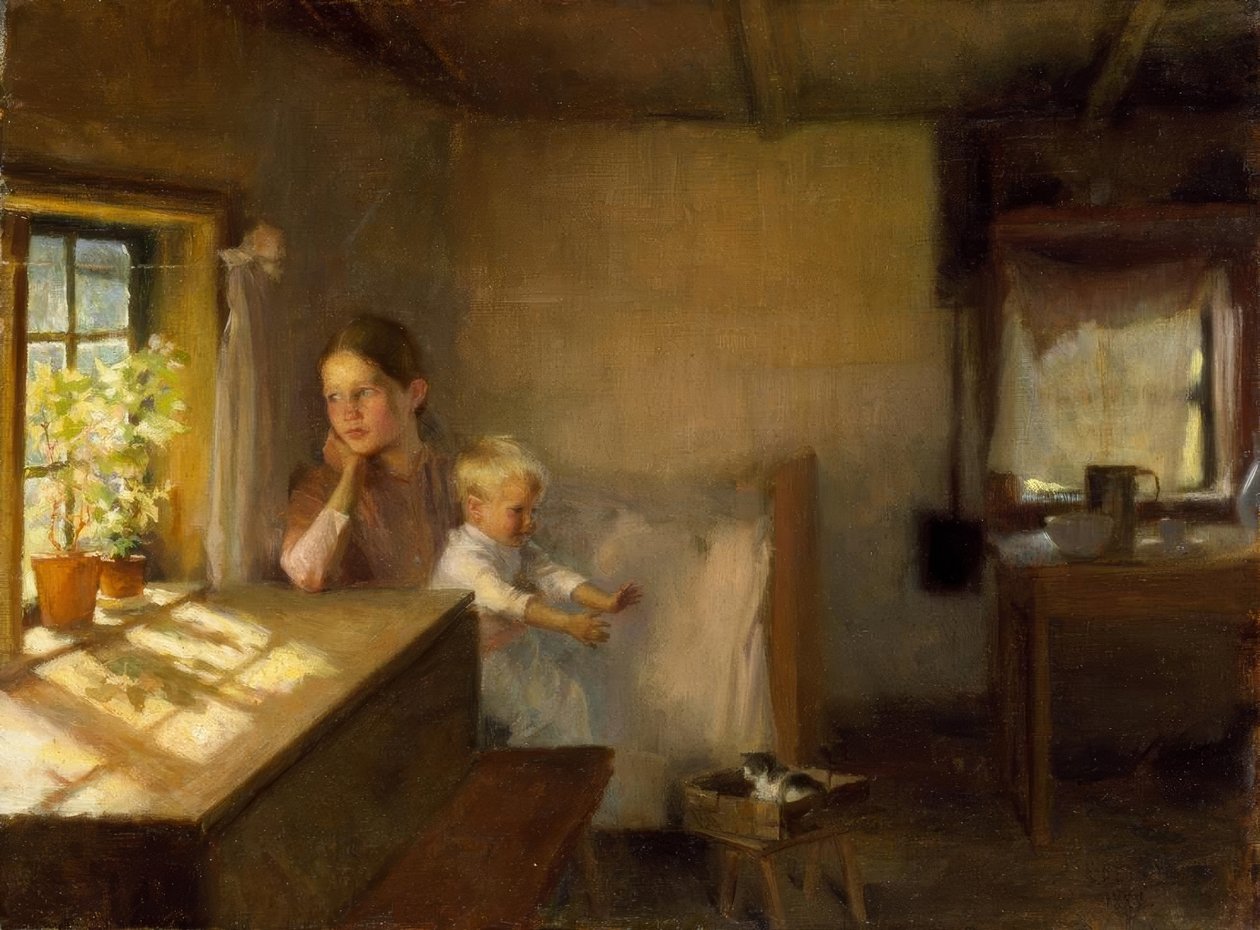 Mulher com criança no interior iluminado pelo sol de Albert Gustaf Aristides Edelfelt