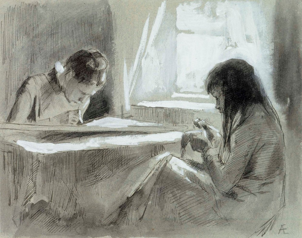 Raparigas a costurar junto à janela de Albert Edelfelt
