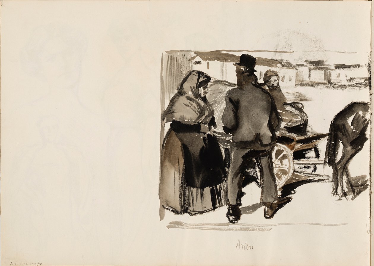 Carroças puxadas por cavalos, três pessoas de Albert Edelfelt