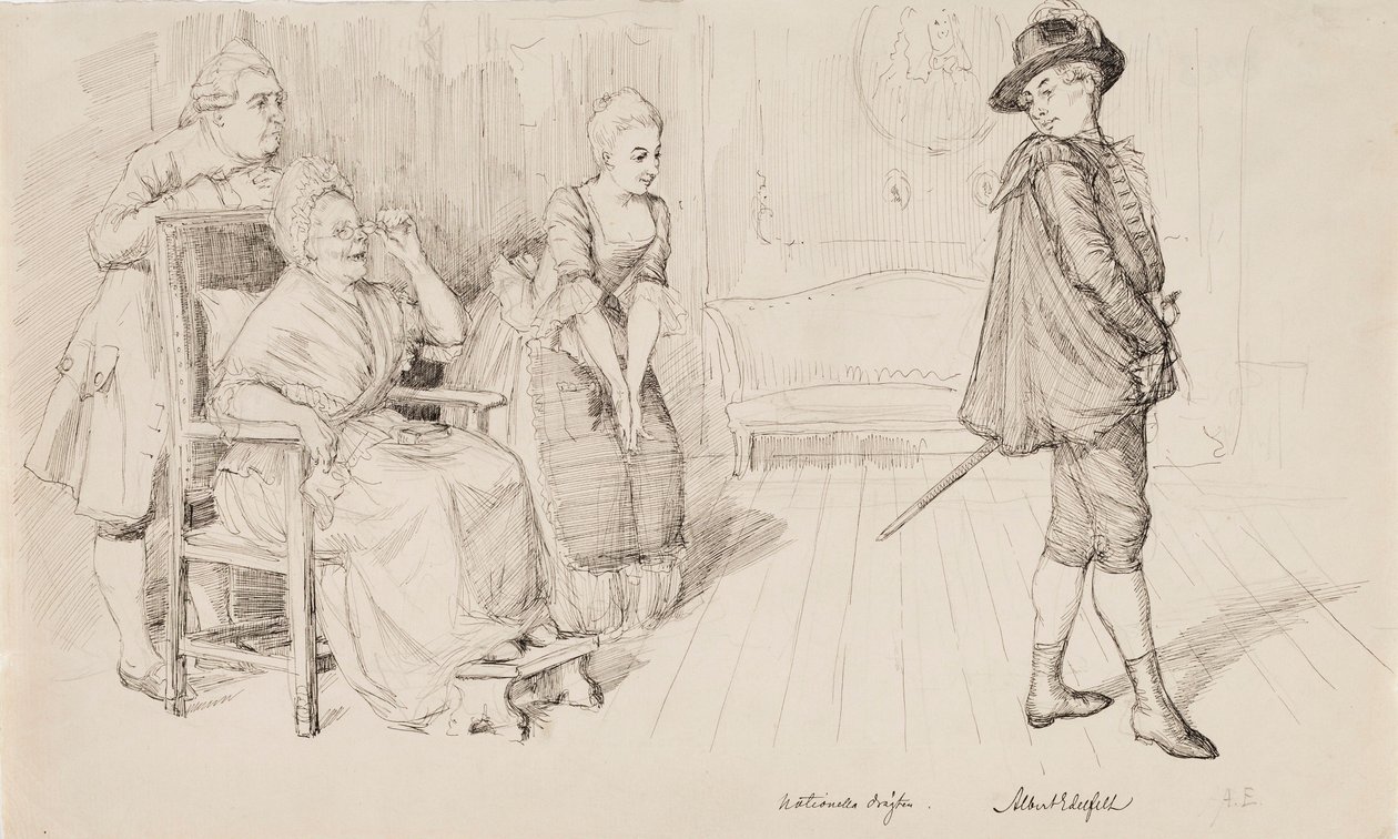 «O novo traje sueco», ilustração para Svenska bilder de Carl Snoilsky, o poema «Quarenta anos depois» de Albert Edelfelt