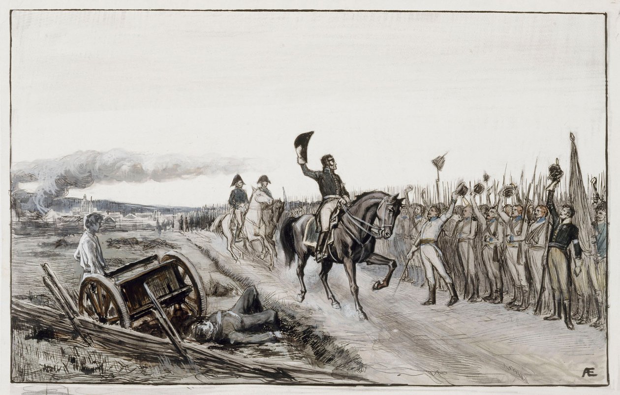 Von Döbeln a saudar as suas tropas, do poema n.º 15, «Stolt» (desenho original para os «Contos do Alferes Stål») de Albert Edelfelt