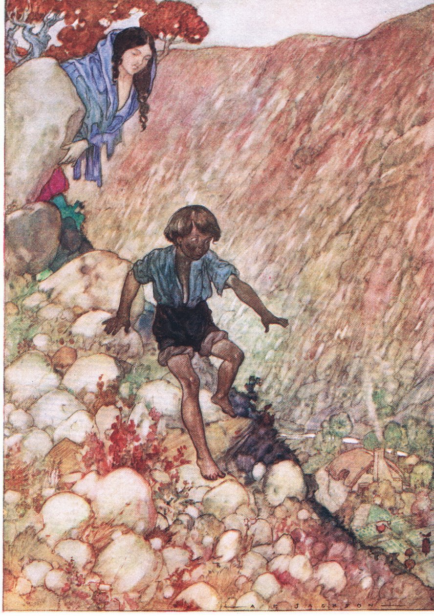 Desceu como o corajoso homenzinho que era, de The Water Babies pub.by Humphrey Milford Oxford University Press, c.1930 (cor litho) de Albert Edward Jackson