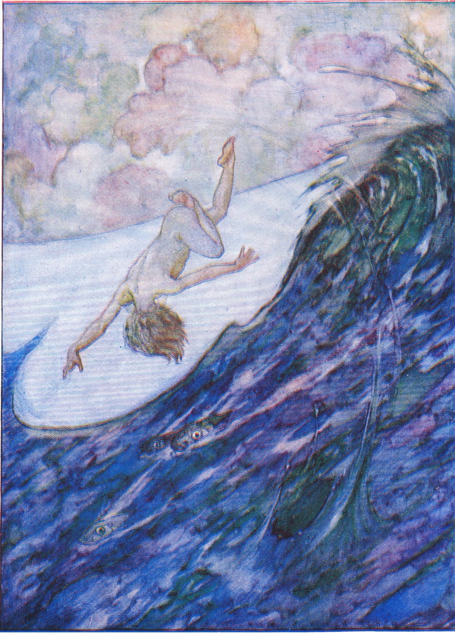 Deu três navios fora de água, um quintal alto, e cabeça sobre os calcanhares, de The Water Babies pub.by Humphrey Milford Oxford University Press, c.1930 (color litho) de Albert Edward Jackson