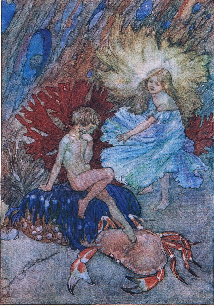 "Não, não cutucar aquele pobre caranguejo sobre o Tom", de The Water Babies pub.by Humphrey Milford Oxford University Press, c.1930 (color litho) de Albert Edward Jackson