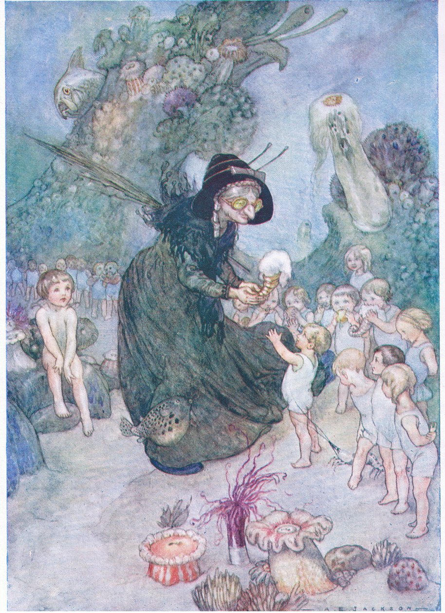 Tom viu todas estas coisas doces a serem dadas até à sua boca regadas, de The Water Babies pub.by Humphrey Milford Oxford University Press, c.1930 (color litho) de Albert Edward Jackson
