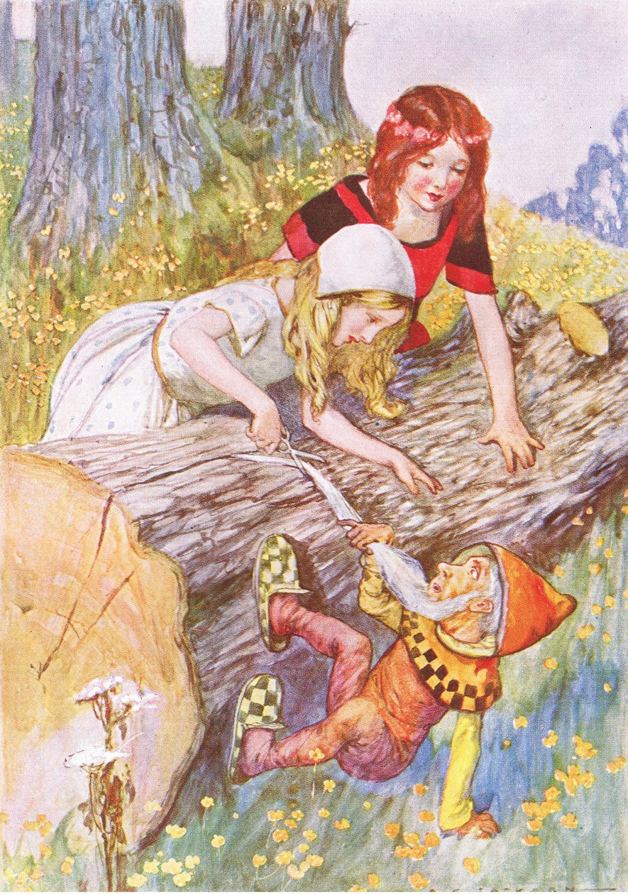 Muito cuidadosamente cortou a suave barba branca (da história Branca de Neve e Vermelho-Rosa), ilustração de A Staircase of Stories publicada por Thomas Nelson & Sons Ltd 1940
