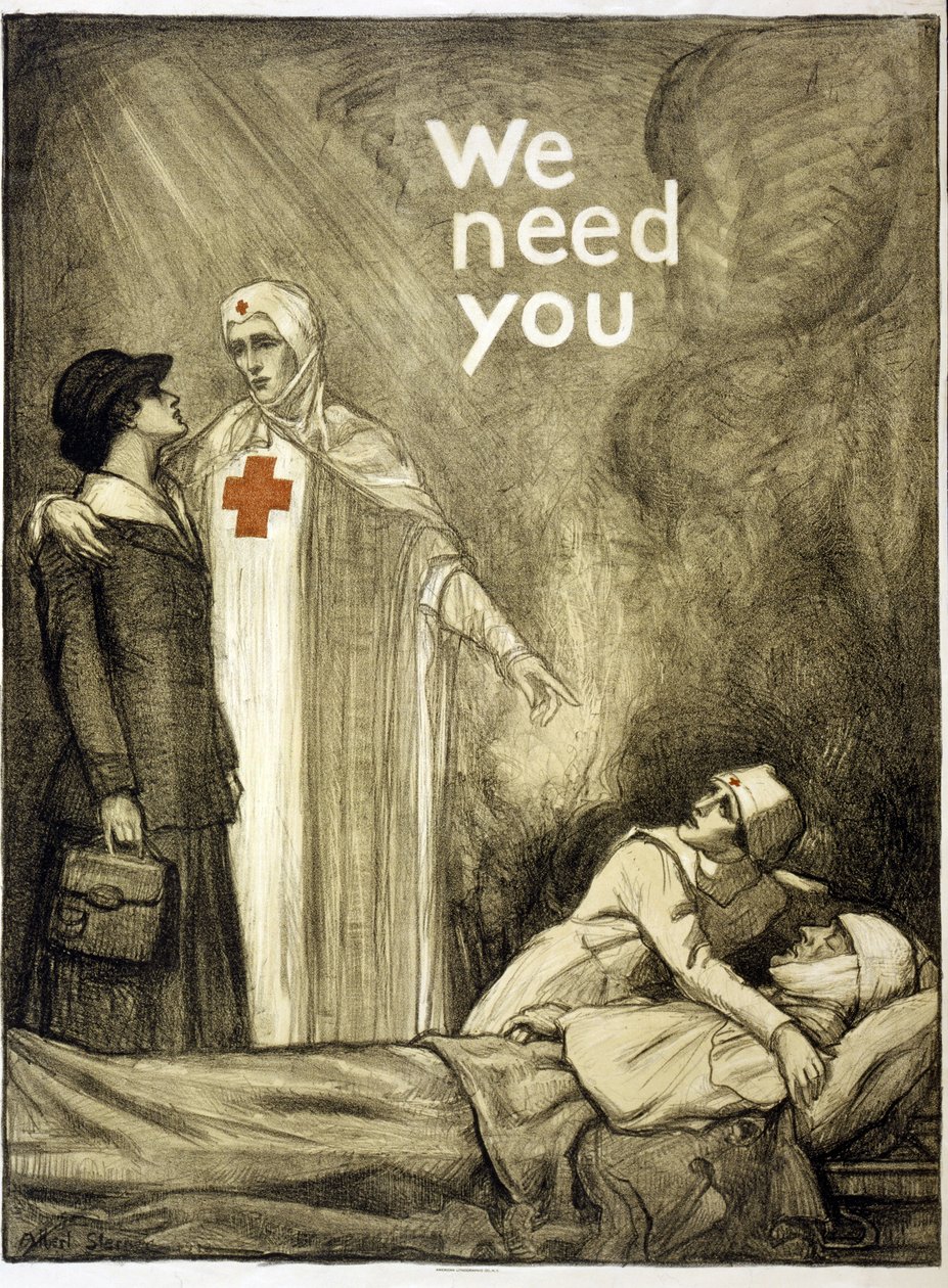 Cartaz de recrutamento da Cruz Vermelha, "We Need You", pub. 1918 (cor litho) de Albert Edward Sterner