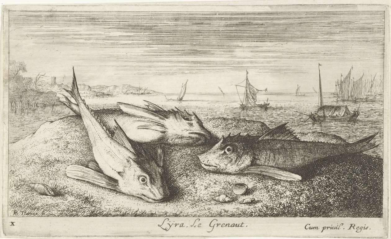 Três peixes de água salgada na praia
Lyta, Le grenaut. (título sobre o objecto)
Peixes e outras criaturas marinhas - primeira série de água salgada (título da série)
Diverses Especes de Poissons de mer (título da série) de Albert Flamen
