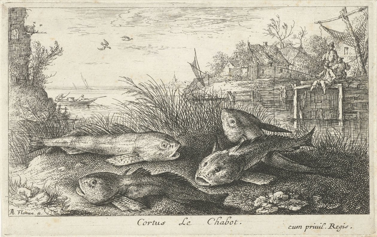 Quatro gorduchos na margem de um rio
Cortus Le Chabot. (título sobre o objecto)
Peixes e outros animais marinhos - segunda série de água doce (título da série)
Seconde partie de Poissons d