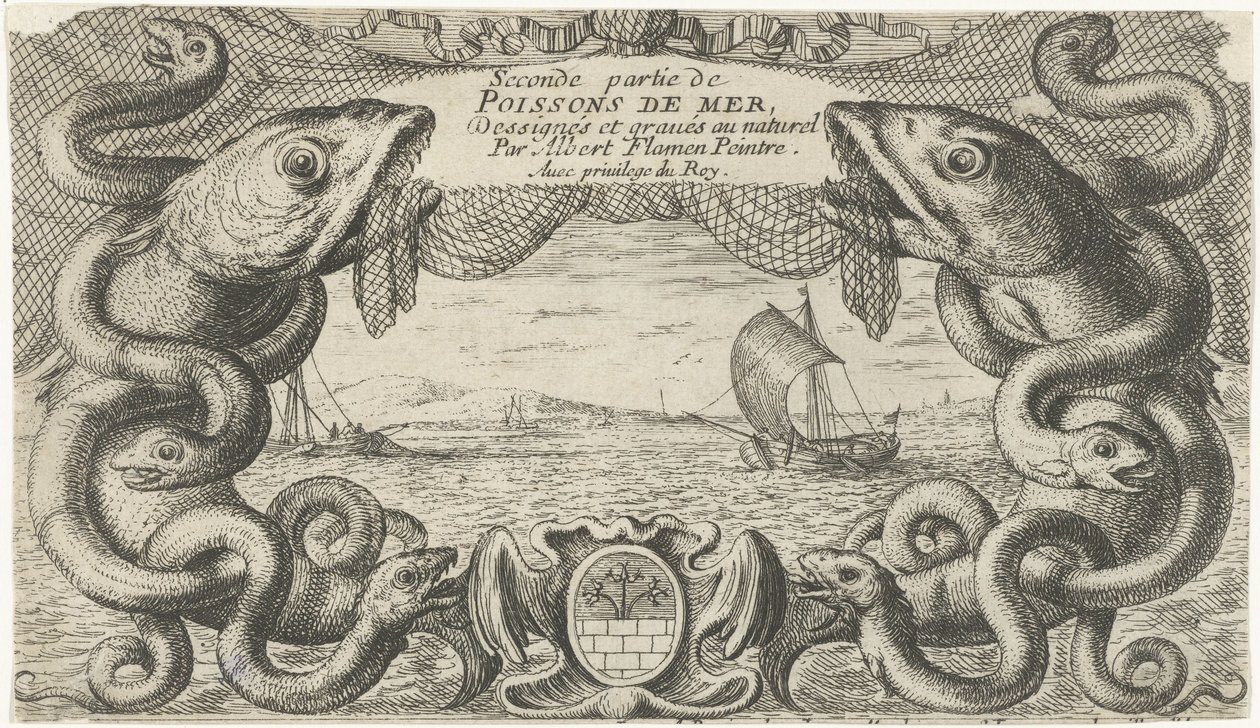 Paisagem marítima com fronteira de criaturas marinhas e uma rede de pesca
Peixes e outros animais marinhos - água salgada segunda série (título da série)
Poissons de mer (título da série sobre o objecto) de Albert Flamen