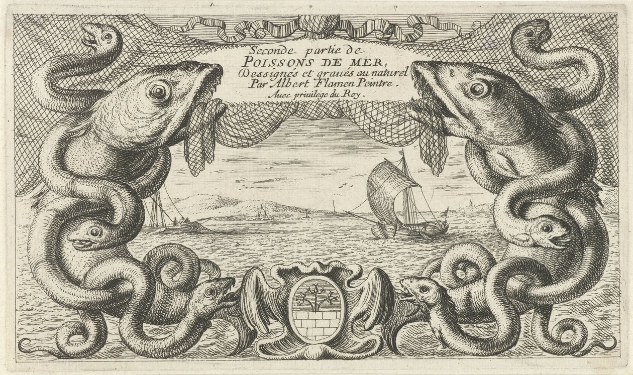 Paisagem marítima com fronteira de criaturas marinhas e uma rede de pesca
Peixes e outros animais marinhos - água salgada segunda série (título da série)
Poissons de mer (título da série sobre o objecto) de Albert Flamen
