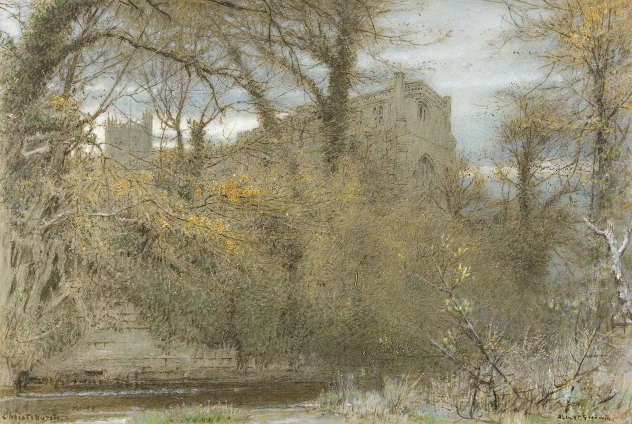 Christchurch, Hants (aquarela, cor do corpo, óleo, giz de cera e tinta no papel) de Albert Goodwin