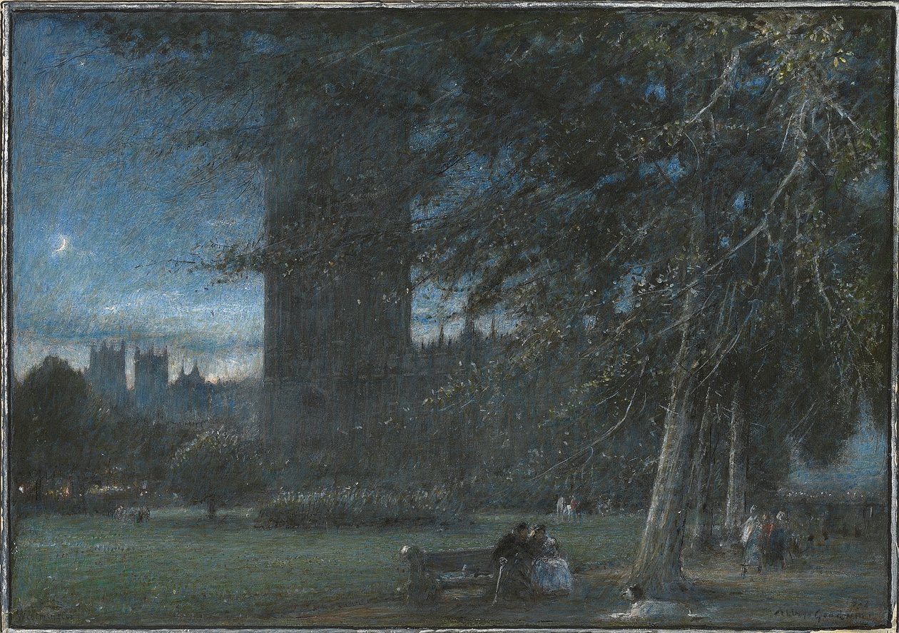 Figuras por baixo do Palácio de Westminster ao anoitecer de Albert Goodwin