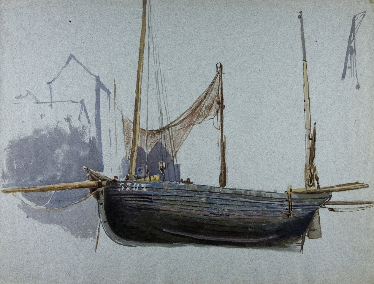 Barco de pesca 57BX (aquarela e cor do corpo em papel colorido) de Albert Goodwin